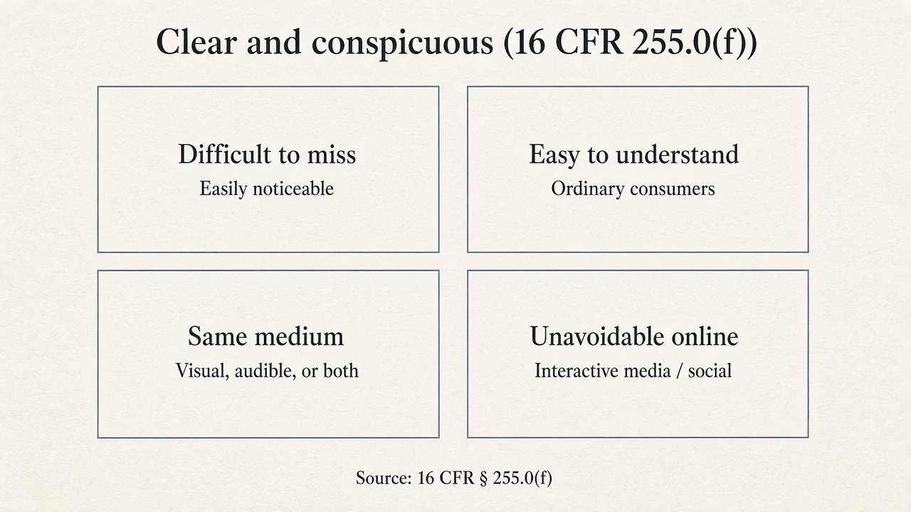 Framework diagram defining clear and conspicuous disclosure: difficult to miss, easy to understand, same medium, unavoidable on interactive media