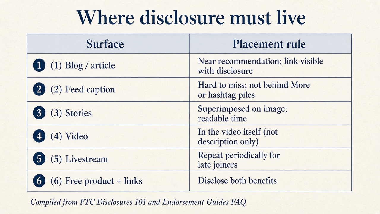 Decision matrix table illustration of disclosure placement by content surface