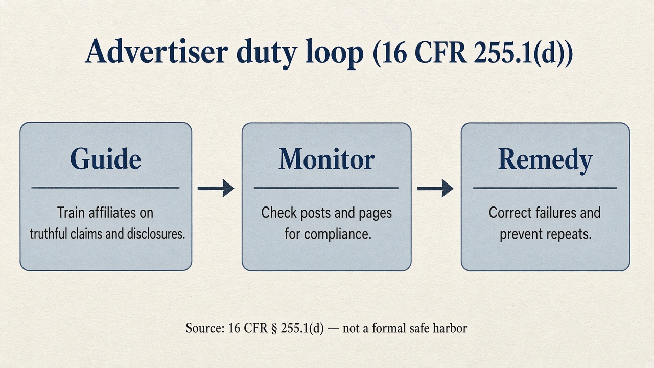 Flowchart of advertiser duties: guide affiliates, monitor compliance, remedy failures