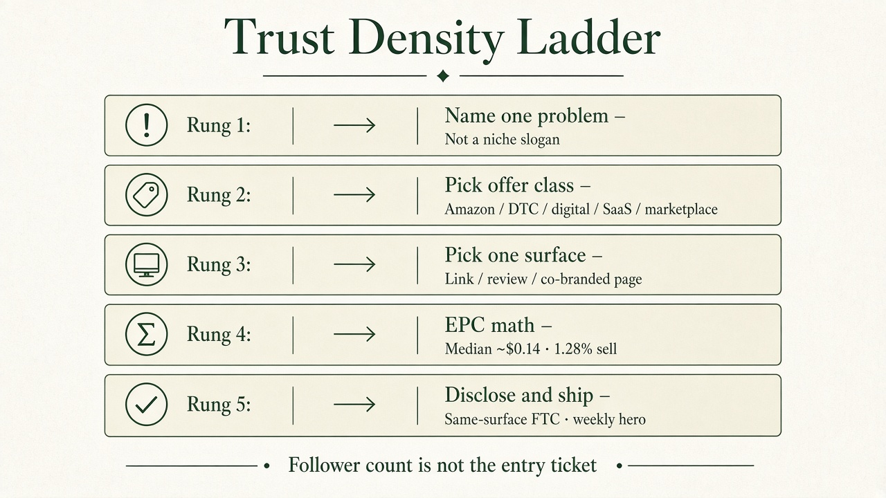 Framework diagram of the Trust Density Ladder for affiliate marketing for small creators