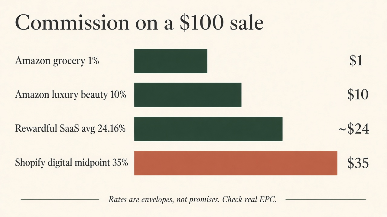 Bar chart of commission on a $100 sale across Amazon 1%, Amazon 10%, Rewardful SaaS 24.16%, Shopify digital midpoint 35%