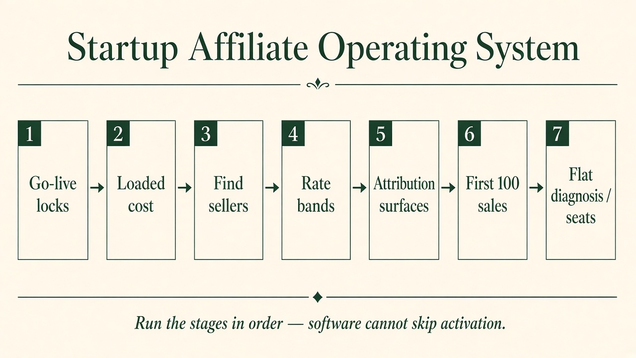 Framework diagram of the Startup Affiliate Operating System with seven stages: go-live locks, loaded cost, find sellers, rate bands, attribution surfaces, first 100 sales, and flat-roster diagnosis