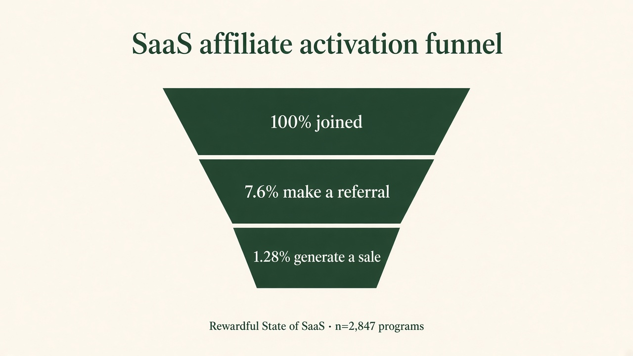 Funnel chart of SaaS affiliate activation: 100% joined, 7.6% make a referral, 1.28% generate a sale