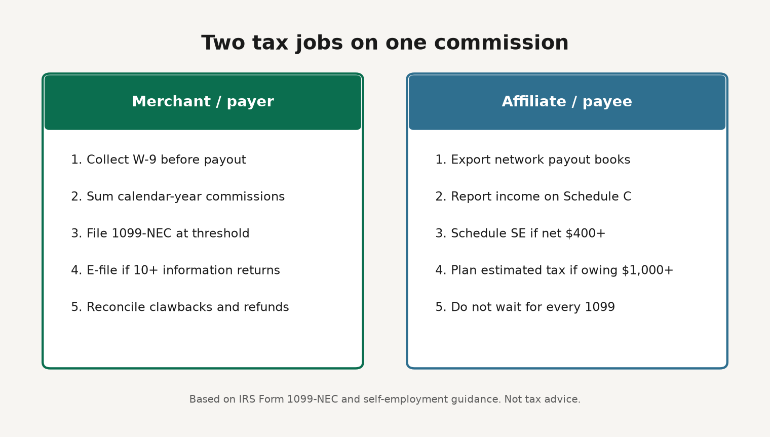 Framework diagram comparing merchant tax jobs (W-9, thresholds, 1099-NEC, e-file) with affiliate tax jobs (books, Schedule C, Schedule SE, estimated tax)