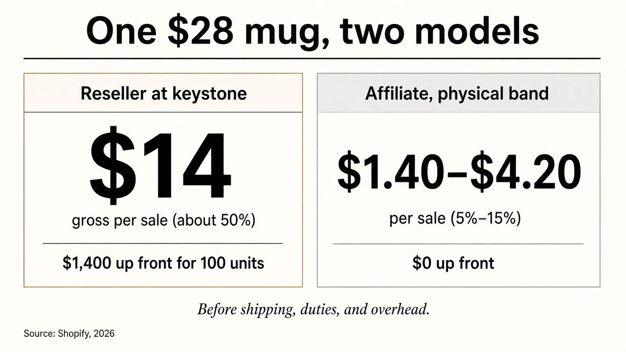 Comparison of one $28 mug: reseller keeps $14 gross and fronts $1,400 for 100 units; affiliate earns $1.40 to $4.20 with $0 up front