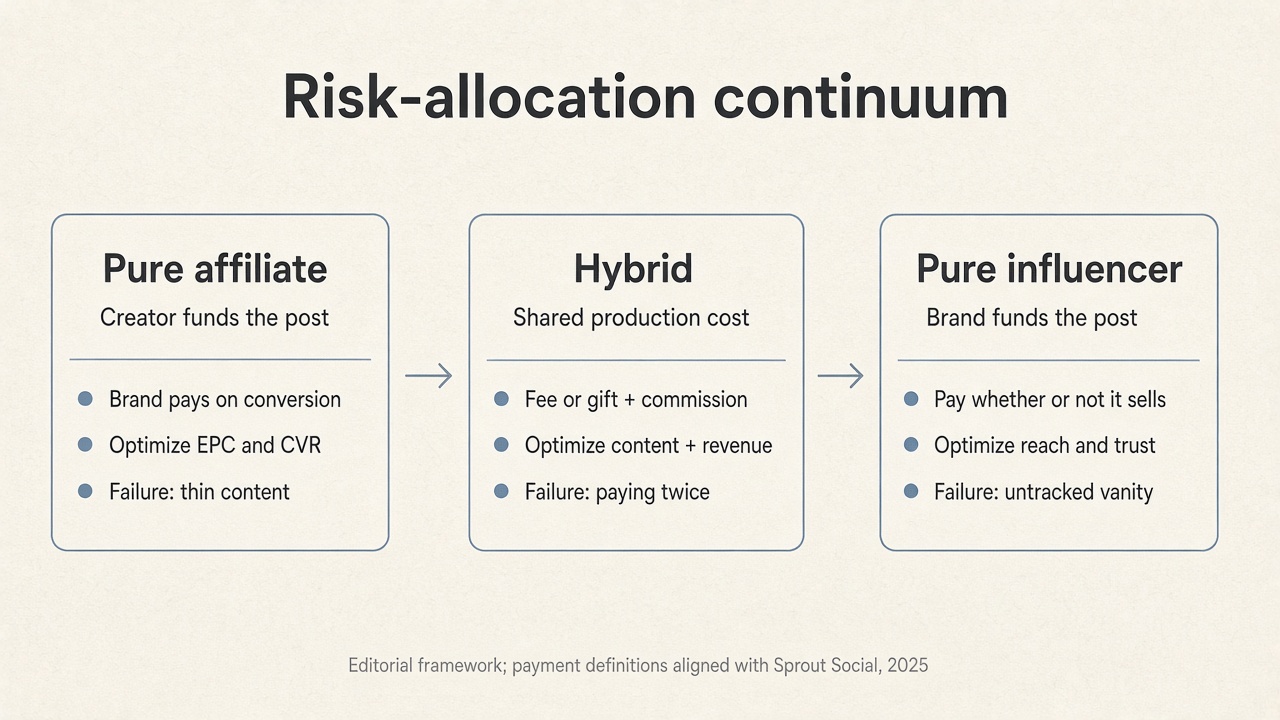 Comparison framework of pure affiliate, pure influencer, and hybrid seats by who funds the post and who funds the outcome