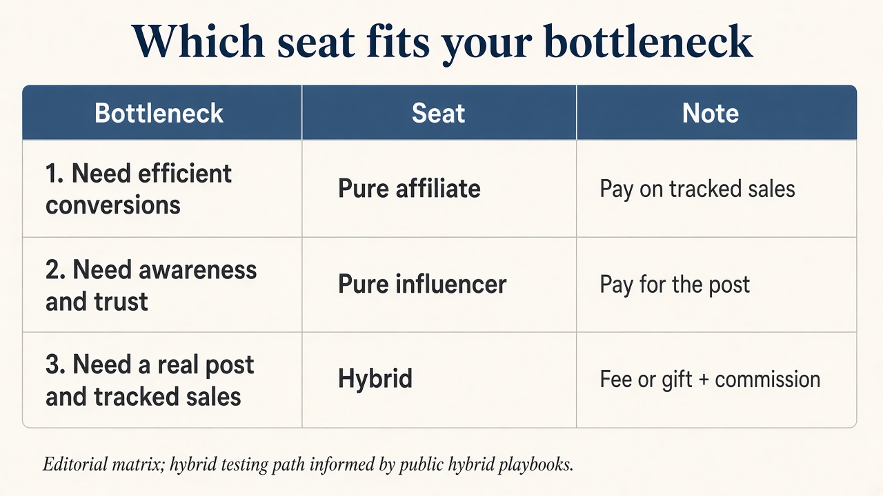 Decision matrix mapping brand goals to pure affiliate, pure influencer, or hybrid