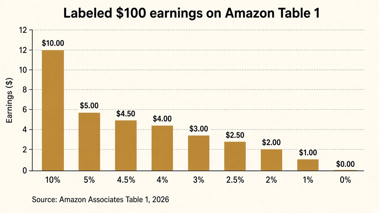 Bar chart of labeled earnings on $100 Qualifying Revenue at Amazon Associates Table 1 rates from 10% ($10) down to 0% ($0)