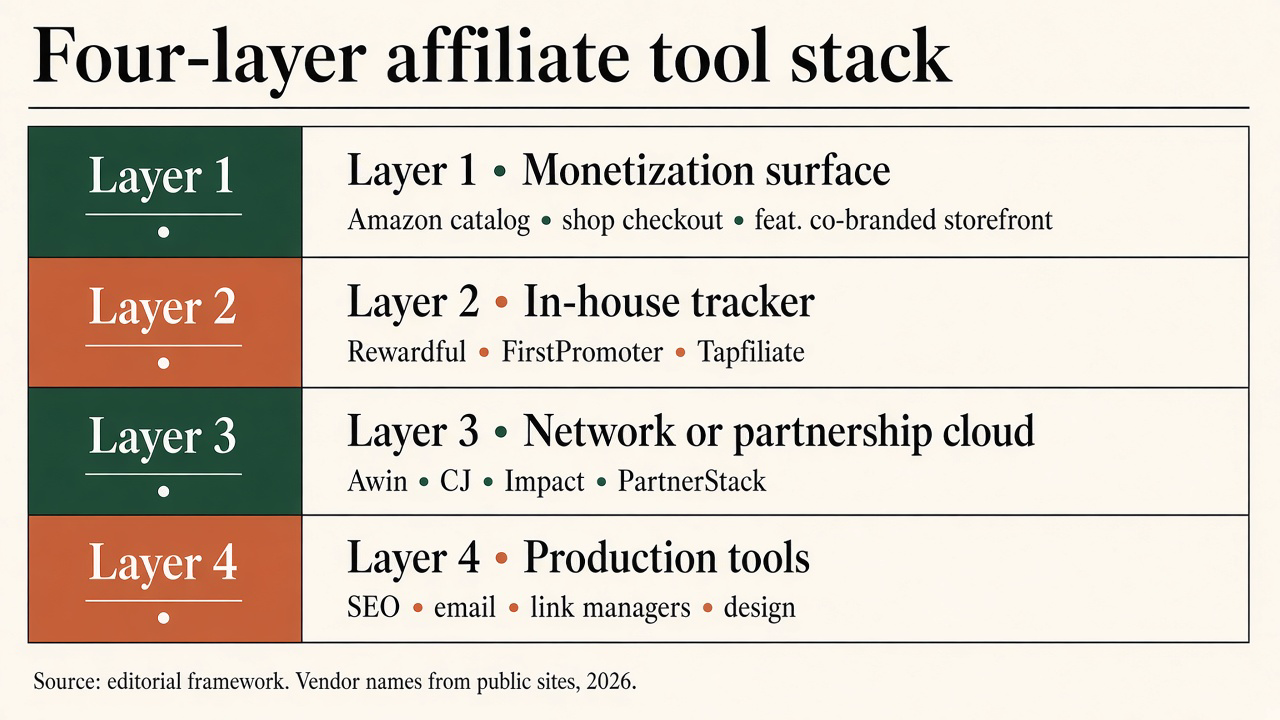 Framework diagram of the four-layer affiliate tool stack: monetization surface, in-house tracker, network or partnership cloud, and production tools