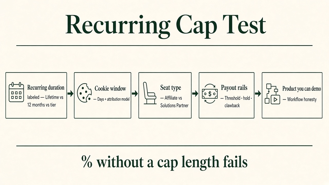 Framework diagram of the Recurring Cap Test for choosing SaaS affiliate programs