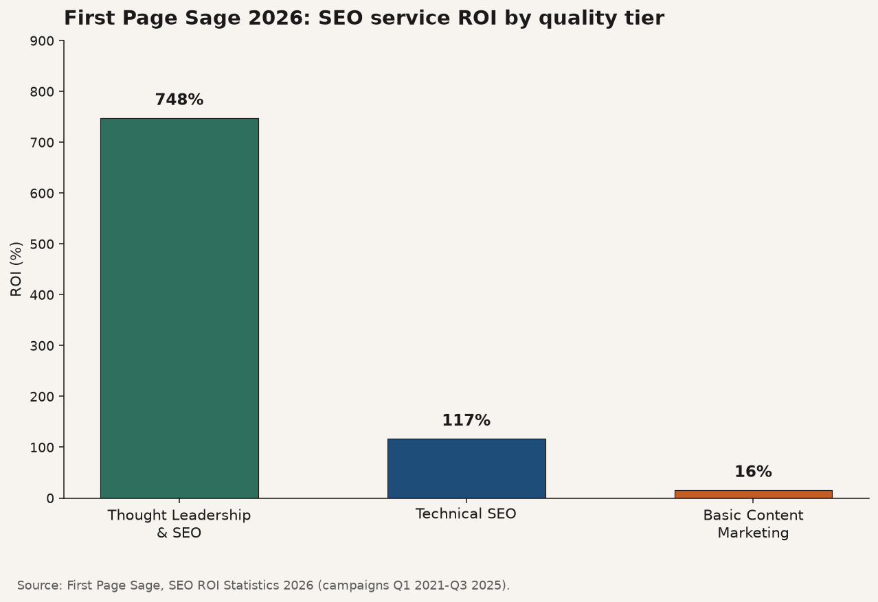 Bar chart comparing First Page Sage 2026 SEO service ROI Thought Leadership 748 percent, Technical SEO 117 percent, and Basic Content Marketing 16 percent