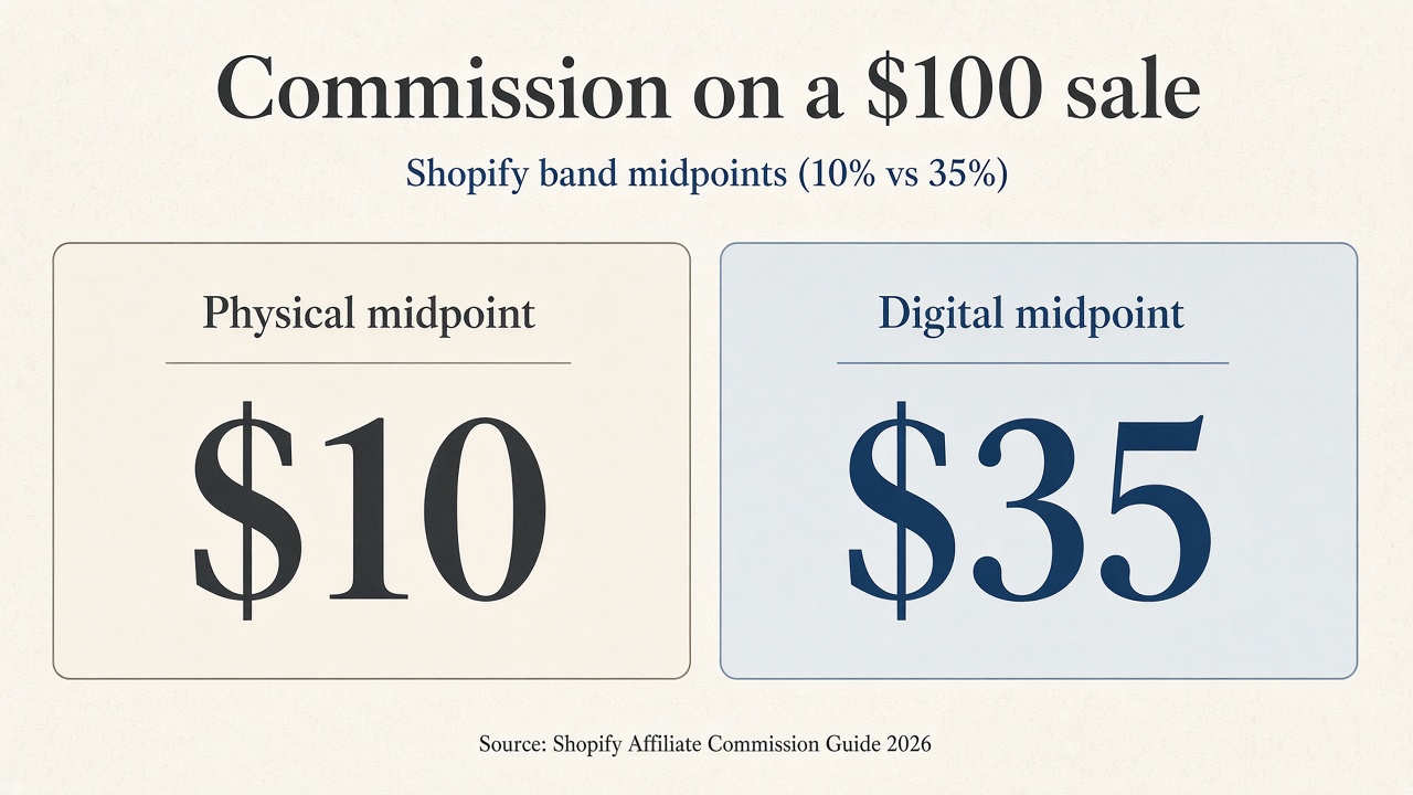 Comparison graphic of illustrative commission on a $100 sale: Shopify physical midpoint $10 versus digital midpoint $35