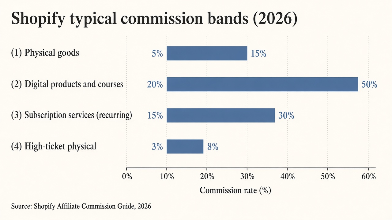 Bar chart of Shopify typical commission percentage bands for physical, digital, and subscription offers