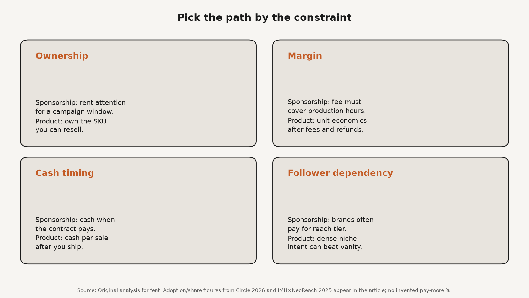 Framework diagram of the ownership, margin, cash timing, and follower-dependency decision matrix for digital products versus sponsorships
