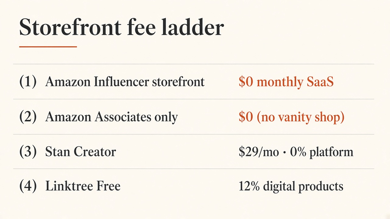 Comparison chart of Amazon Influencer $0 fee vs Stan $29 vs Linktree Free 12% vs Associates without storefront