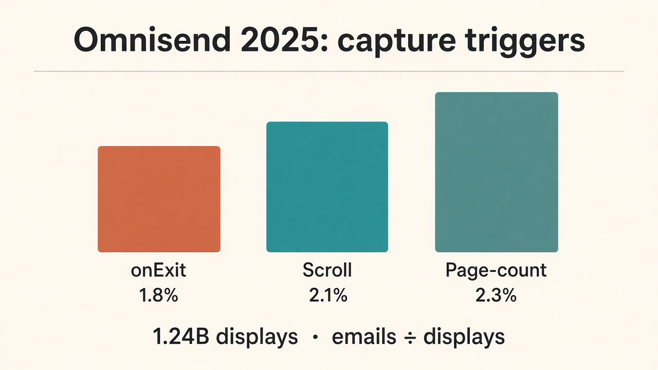 Grouped bar chart of Omnisend capture triggers: onExit 1.8% vs scroll 2.1% vs page-count 2.3%