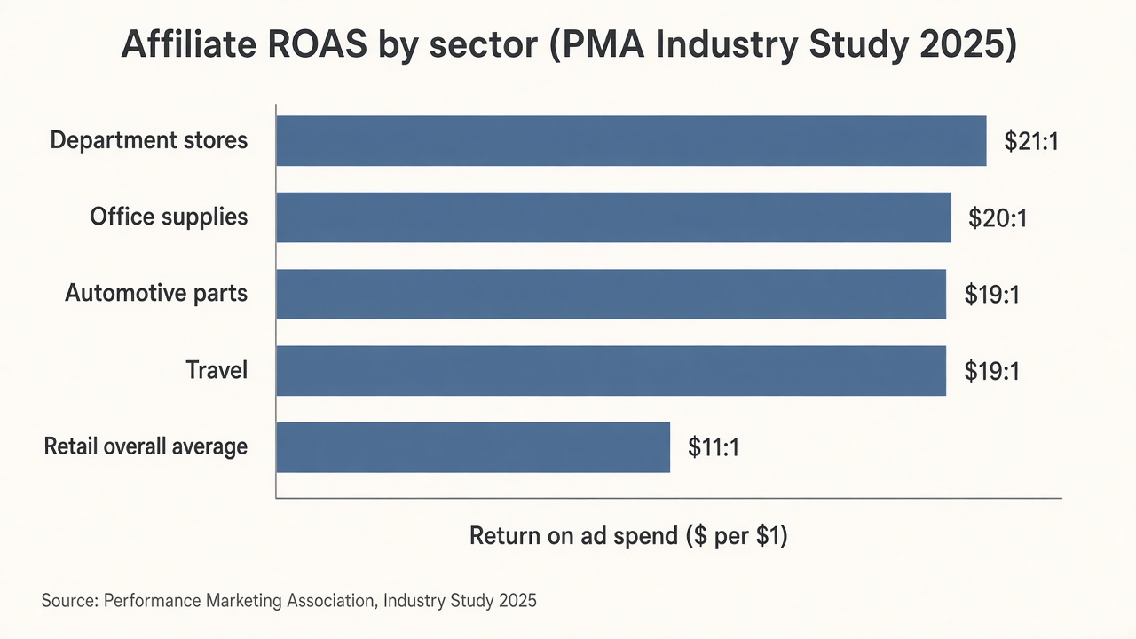 Horizontal bar chart of PMA-published affiliate ROAS by sector