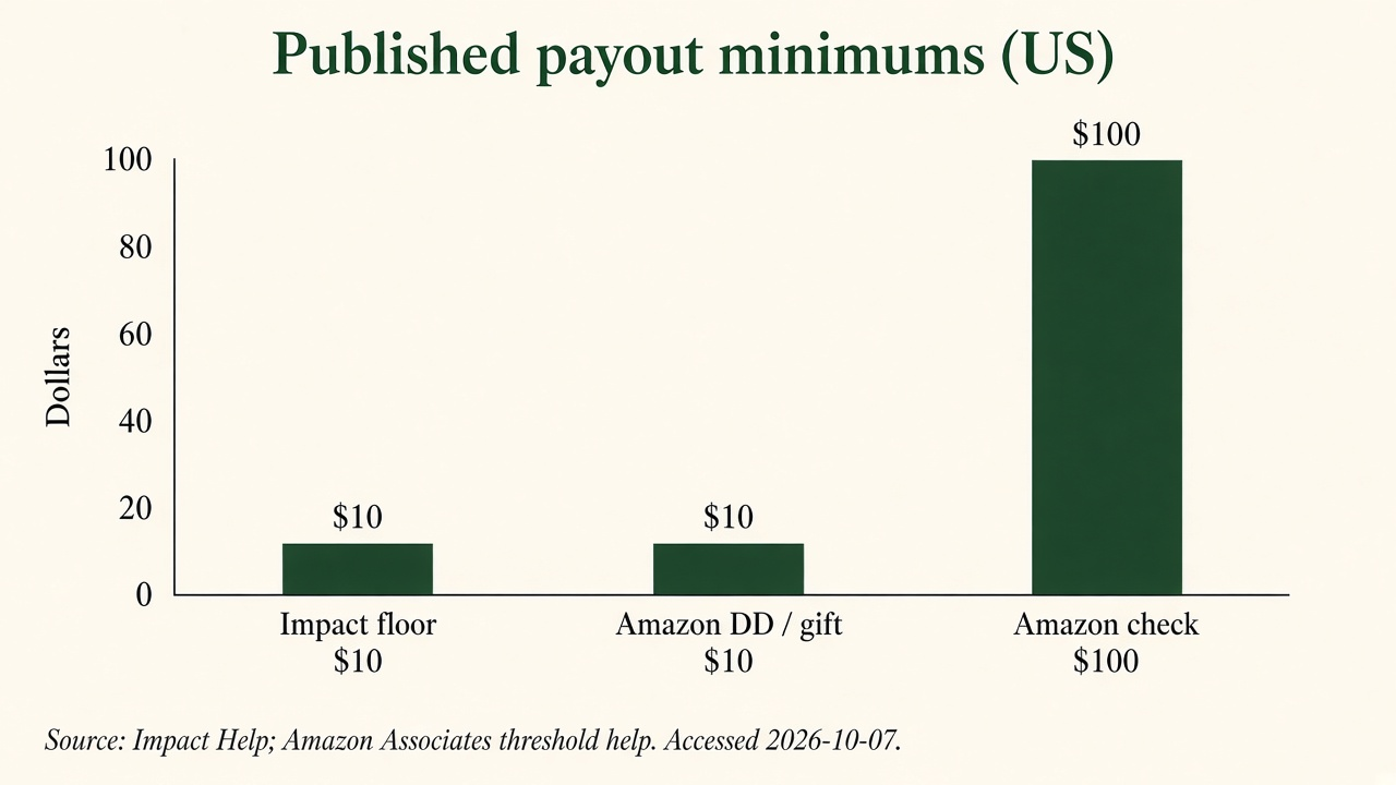 Bar chart comparing published US payout minimums: Impact $10, Amazon direct deposit or gift $10, Amazon check $100