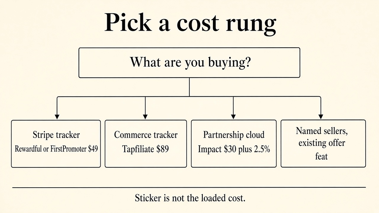 Flowchart to pick a cost rung: Stripe tracker, commerce tracker, partnership cloud, or named-seller storefront