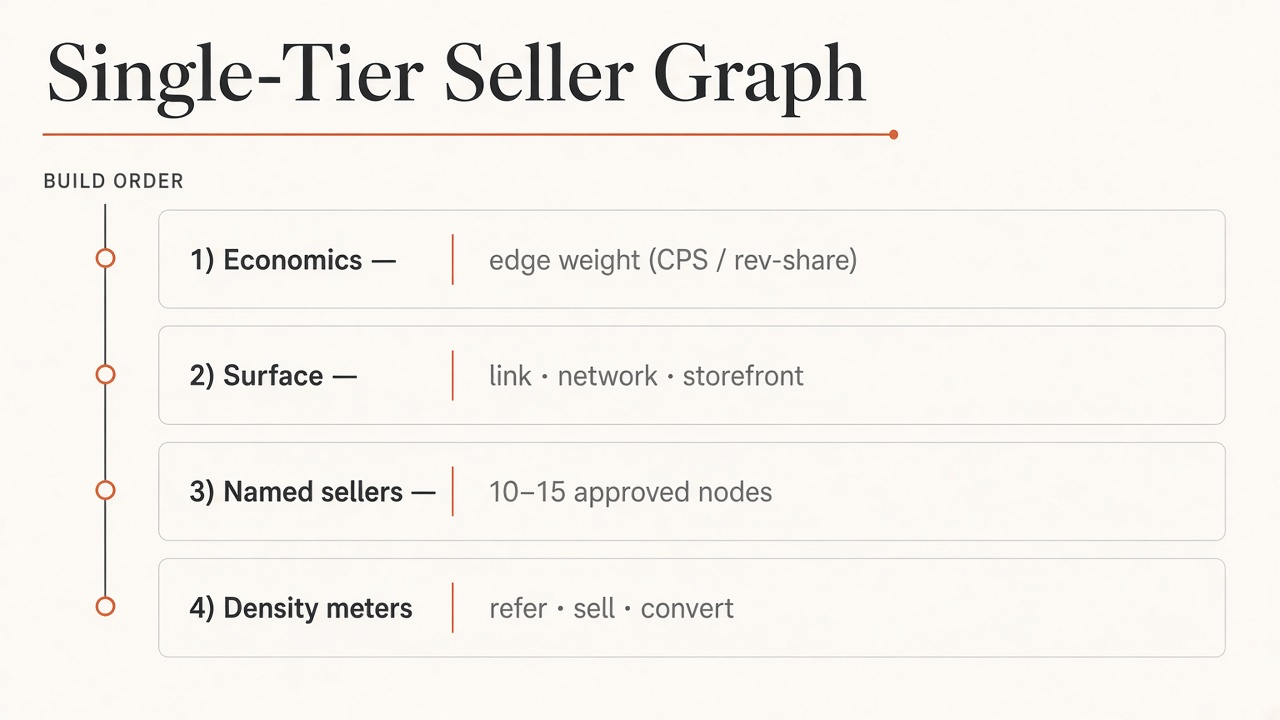 Framework diagram of the Single-Tier Seller Graph with four layers: economics, surface, named sellers, and density meters