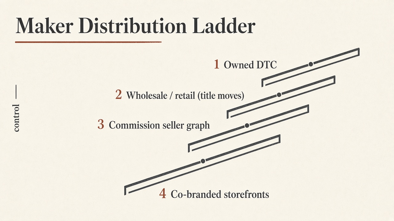 Framework diagram of the Maker Distribution Ladder with four rails: owned DTC, wholesale retail, commission seller graph, and co-branded storefronts