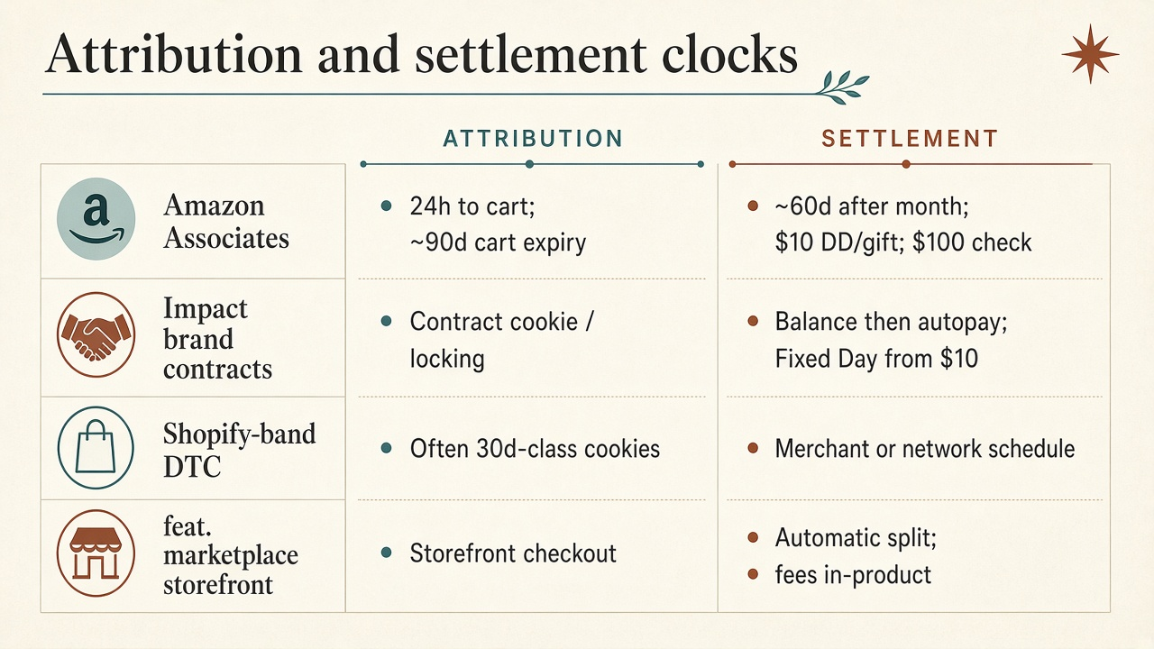 Comparison diagram of settlement highlights for Amazon, Impact, DTC brand programs, and feat. storefront