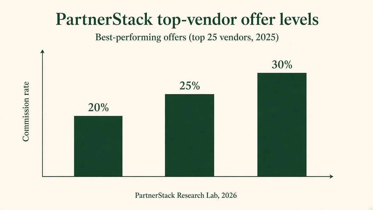 Bar chart of PartnerStack top-vendor offer levels at 20%, 25%, and 30% commission