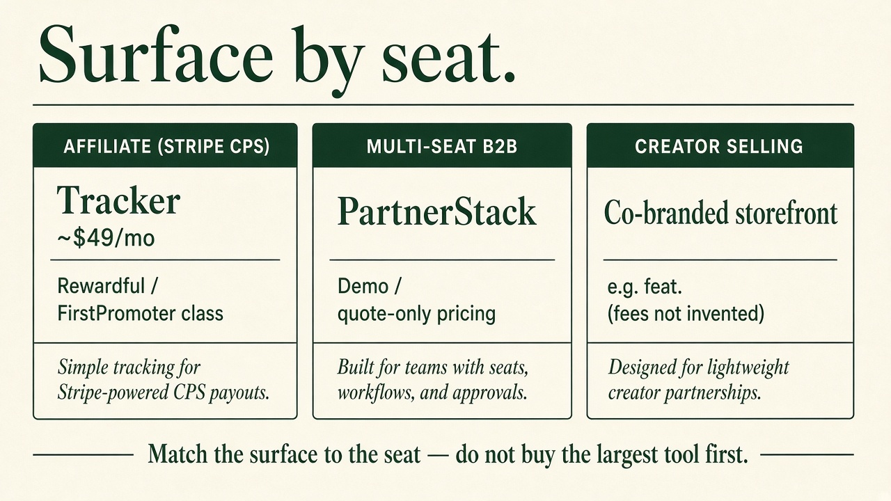 Comparison diagram of three surfaces by seat: ~$49 Stripe tracker for affiliates, PartnerStack demo-priced PRM for multi-seat B2B, feat. co-branded storefront for creator selling