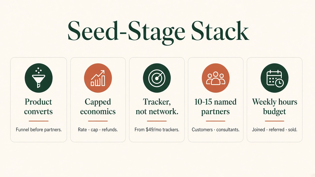 Framework diagram of the Seed-Stage Stack: product converts, capped economics, tracker not network, 10-15 named partners, weekly hours budget