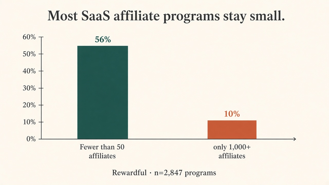 Bar chart of Rewardful SaaS affiliate program roster size: 56% have fewer than 50 affiliates and about 10% reach 1,000 or more