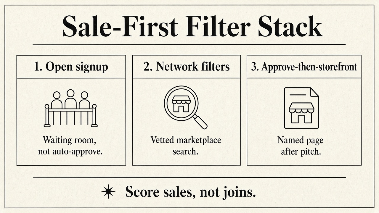 Framework diagram of the Sale-First Filter Stack with three intake shapes: open signup, network filters, and approve-then-storefront