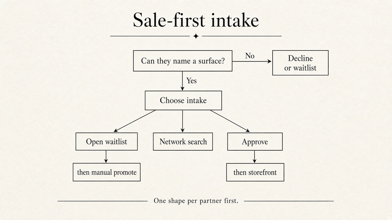 Flowchart for sale-first intake: named surface required, then choose open waitlist, network search, or storefront approval