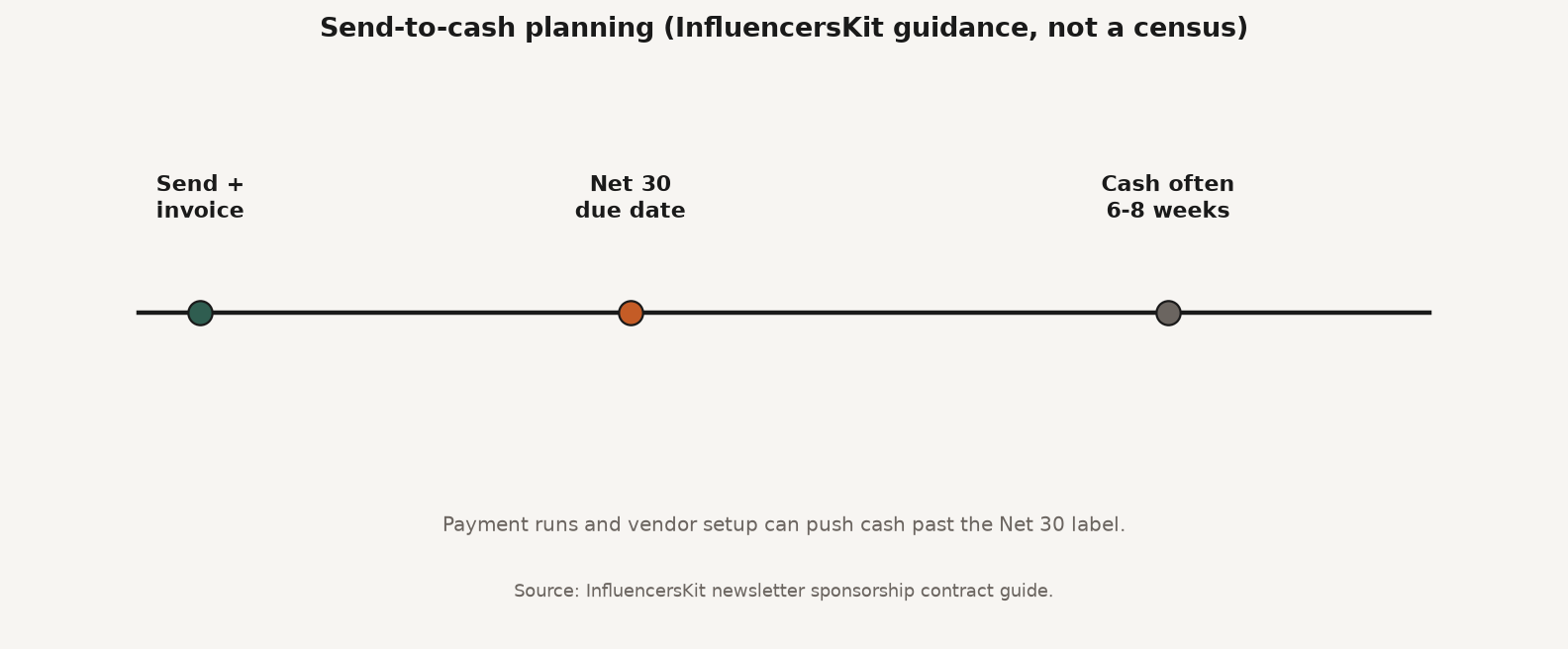 Timeline diagram from newsletter send through Net 30 due date to a six-to-eight-week cash planning band