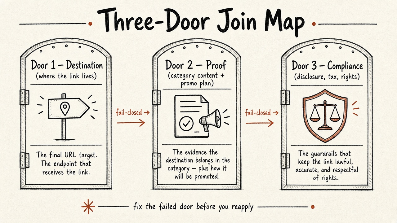 Framework diagram of the Three-Door Join Map: destination, proof, compliance
