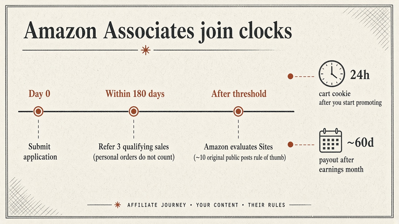 Bar/timeline diagram of Amazon Associates join constraints: 3 sales, 180 days, ~10 posts