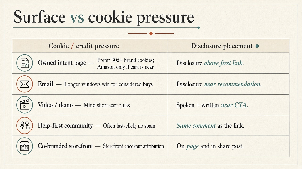 Comparison table illustrated: five promotion surfaces with cookie pressure and disclosure placement