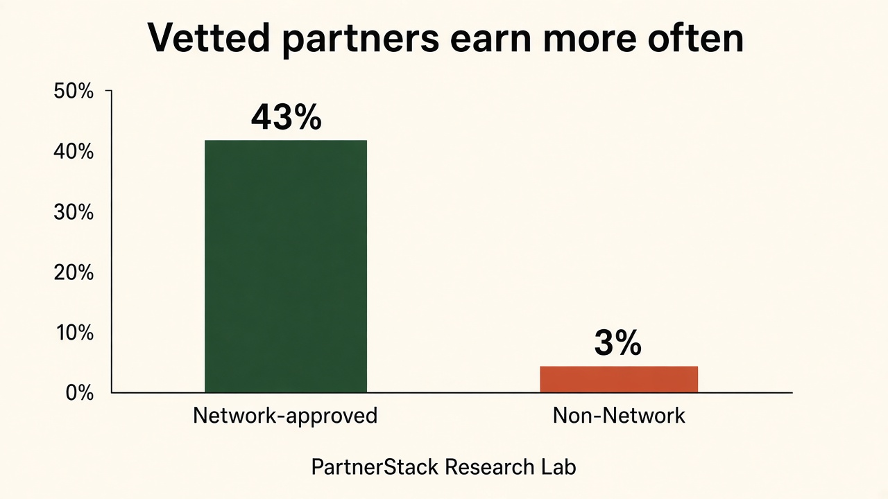 Bar chart comparing PartnerStack Network-approved partners earning commissions at 43% versus 3% for non-Network partners