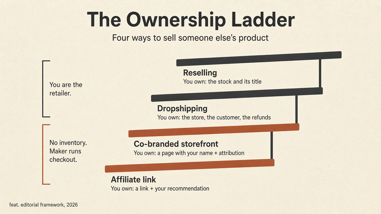 Framework diagram of the Ownership Ladder: four rungs from affiliate link to co-branded storefront to dropshipping to reselling, showing what the seller owns on each rung