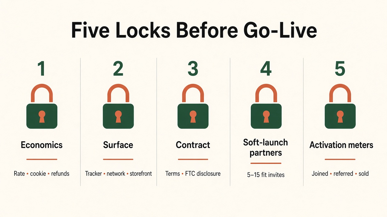 Framework diagram of five locks before affiliate program go-live: Economics, Surface, Contract, Soft-launch partners, Activation meters