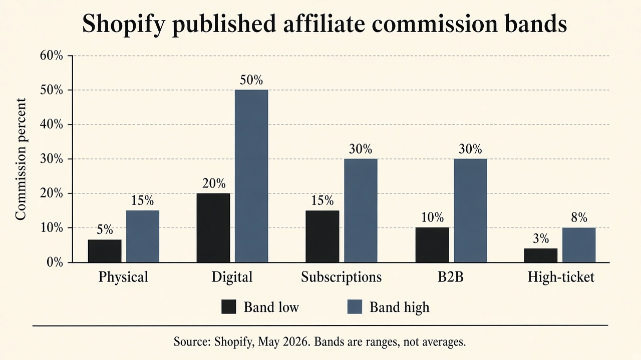 Grouped bar chart of Shopify published affiliate commission bands by product category