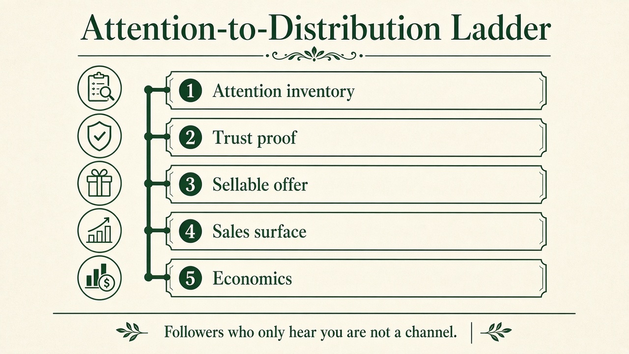 Framework diagram of the Attention-to-Distribution Ladder with five rungs: attention inventory, trust proof, sellable offer, sales surface, and economics