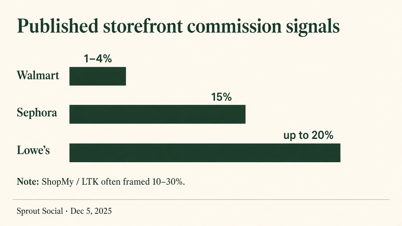 Bar chart of published creator storefront commission signals: Walmart 1–4%, Sephora 15%, Lowe’s up to 20%, ShopMy/LTK 10–30% band