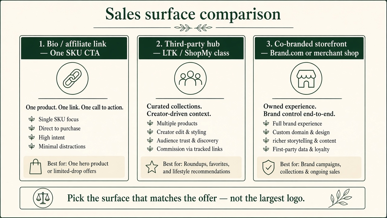Comparison diagram of three sales surfaces: bio link, third-party shopping hub, and co-branded merchant or retailer storefront