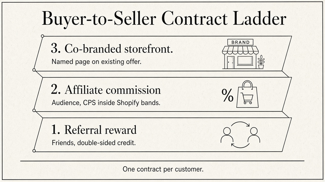 Framework diagram of the Buyer-to-Seller Contract Ladder with three rungs: referral reward, affiliate commission, and co-branded storefront