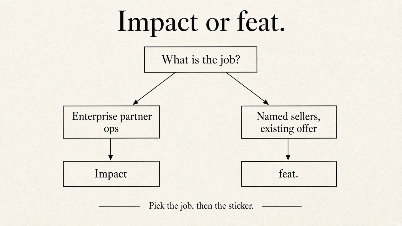Flowchart for Impact vs feat: enterprise partner ops go to Impact; named sellers of an existing offer go to feat.