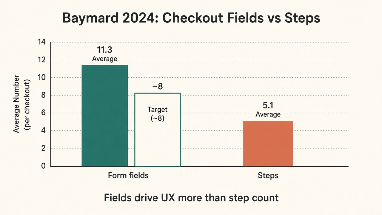Grouped bar chart comparing Baymard 2024 average 11.3 form fields vs ~8 needed, and 5.1 average steps