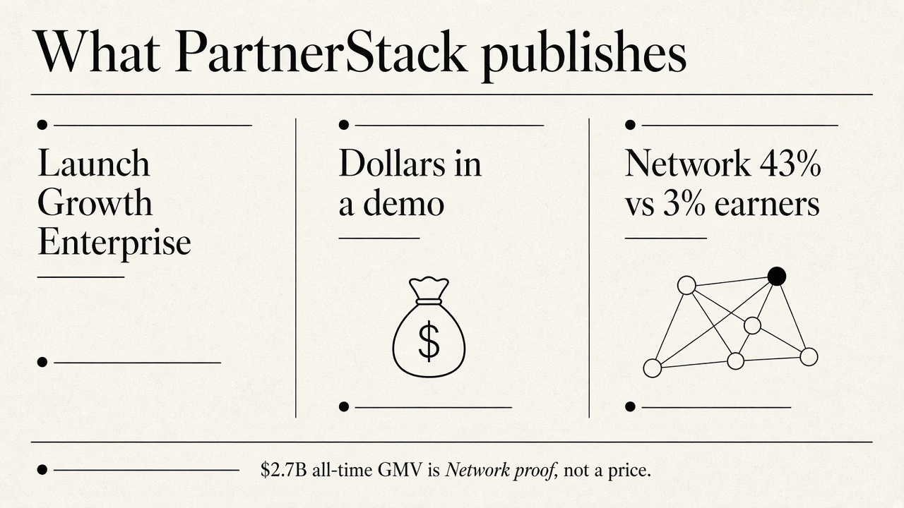 Comparison of what PartnerStack publishes: Launch/Growth/Enterprise, demo pricing, and Network 43% vs 3% earners