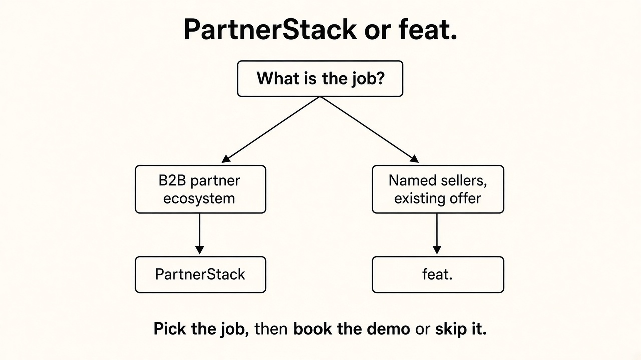 Flowchart for PartnerStack vs feat: B2B partner ecosystem goes to PartnerStack; named sellers of an existing offer go to feat.