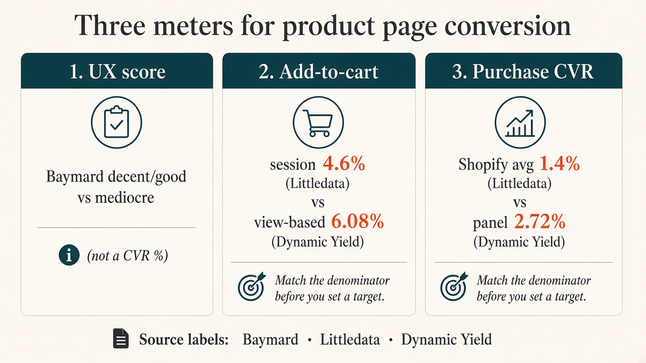 Framework diagram comparing three product page meters: UX score, add-to-cart rate, and purchase conversion rate