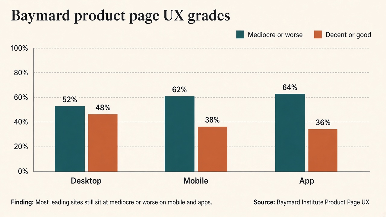 Grouped bar chart of Baymard product page UX: mediocre or worse versus decent or good for desktop, mobile, and app